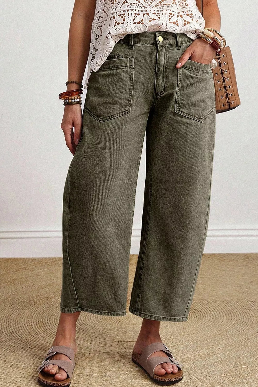 Four Leaf Clover Solid Color Square Patch Pocket Ankle-length Barrel Jeans