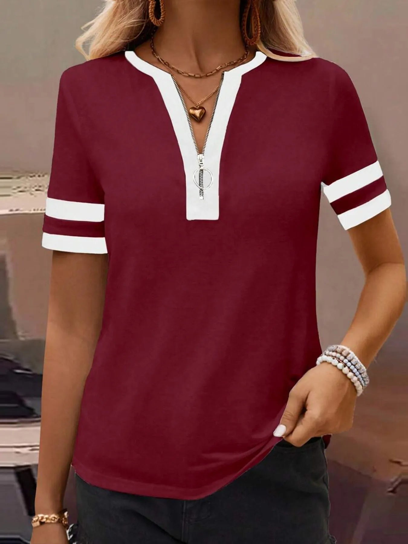 Striped Short Sleeve Half Zip Top