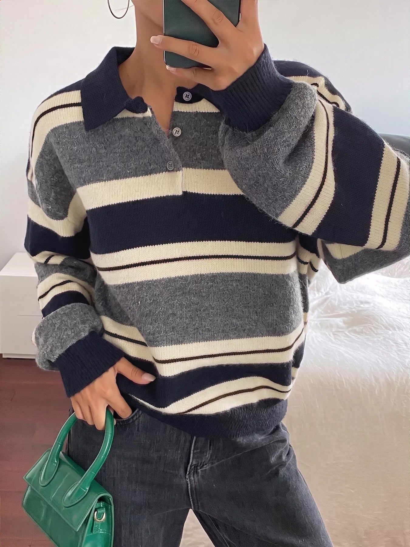 Striped Long Sleeve Button Detail Sweater