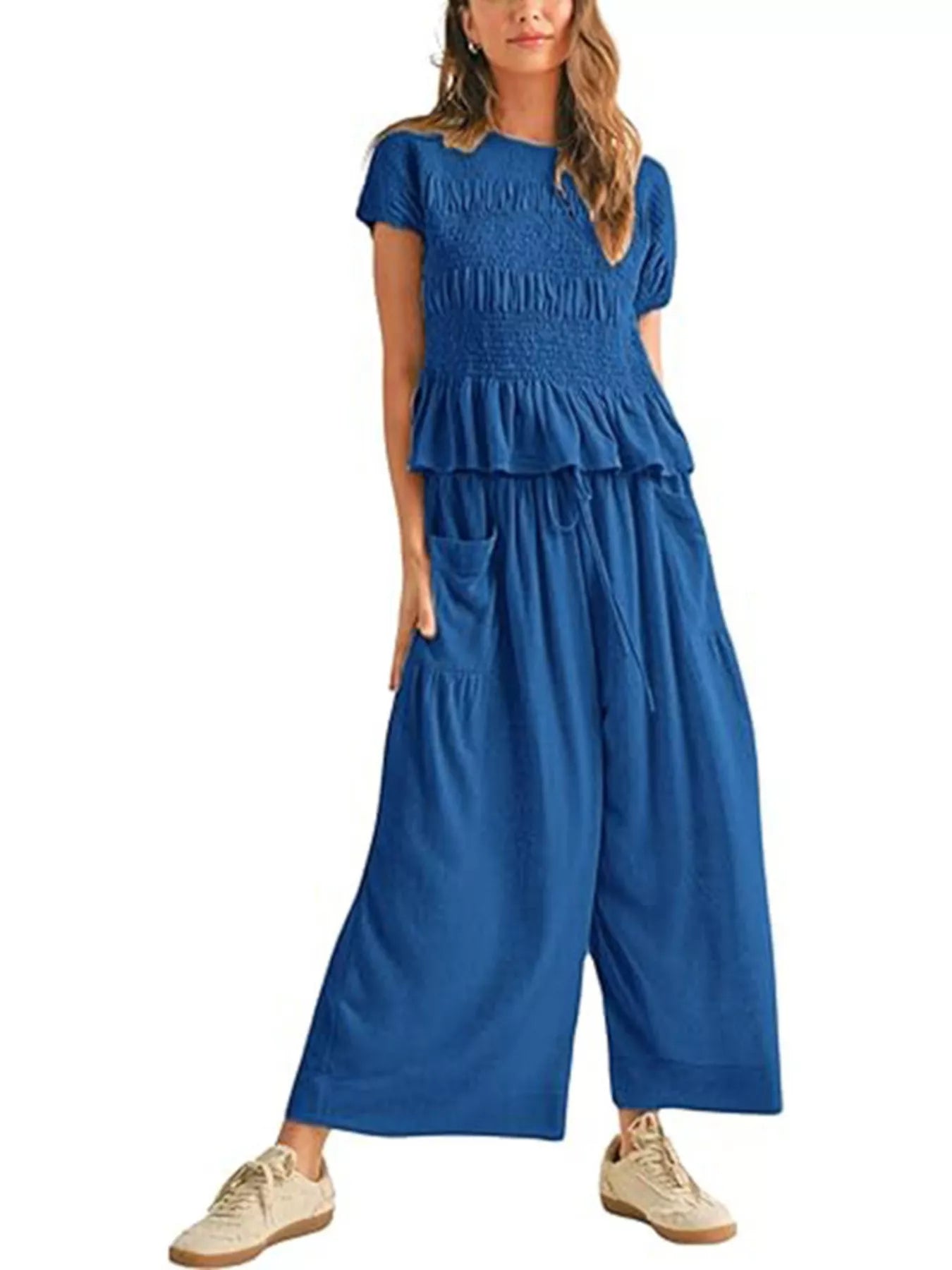 Smocked Peplum Top and Wide-Leg Pants Set