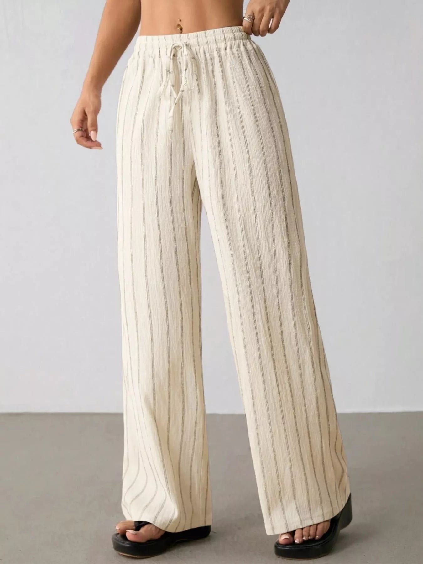 Striped Wide-Leg Drawstring Pants