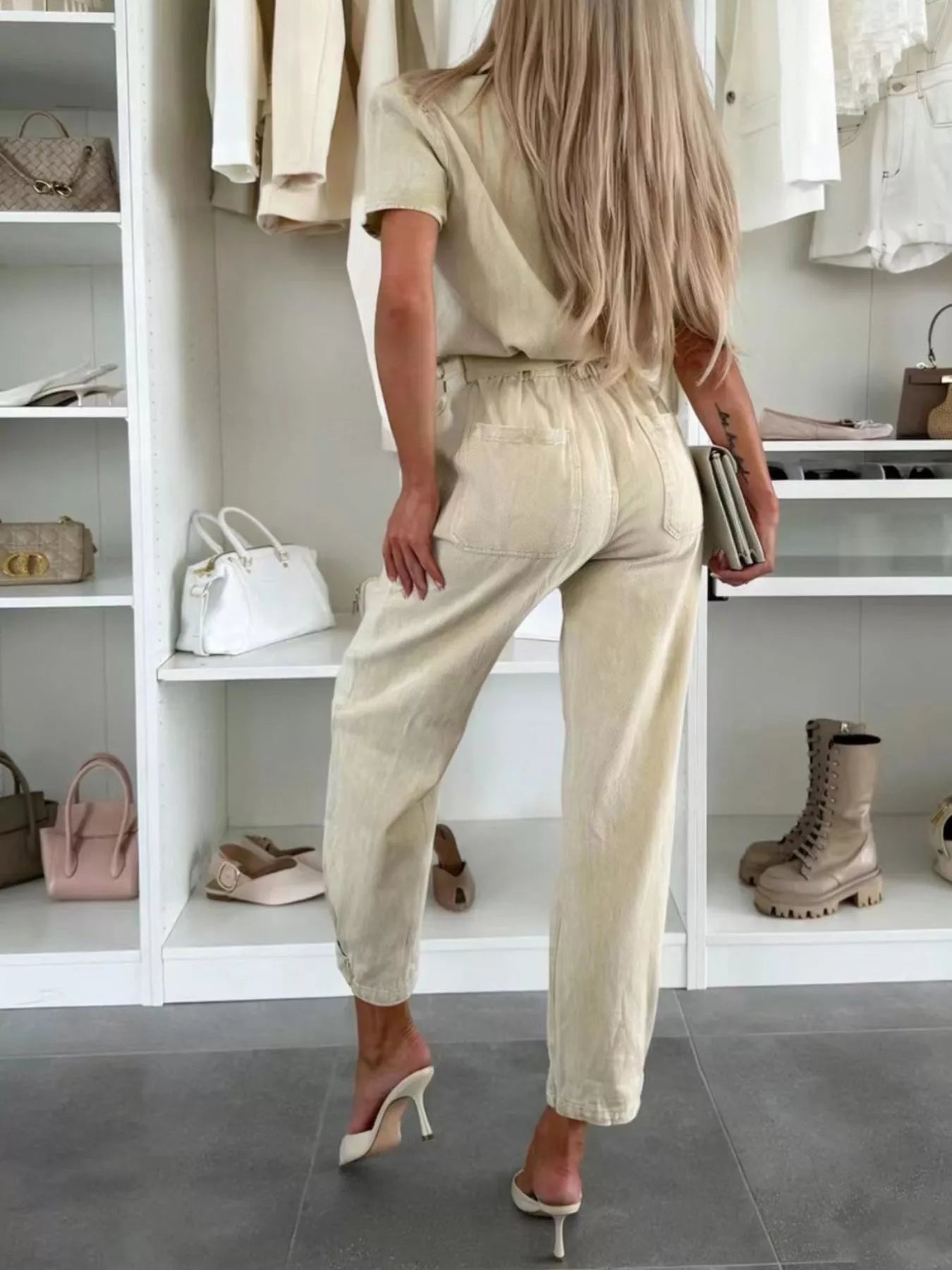 Vintage Wash Short Sleeve Denim Jumpsuit