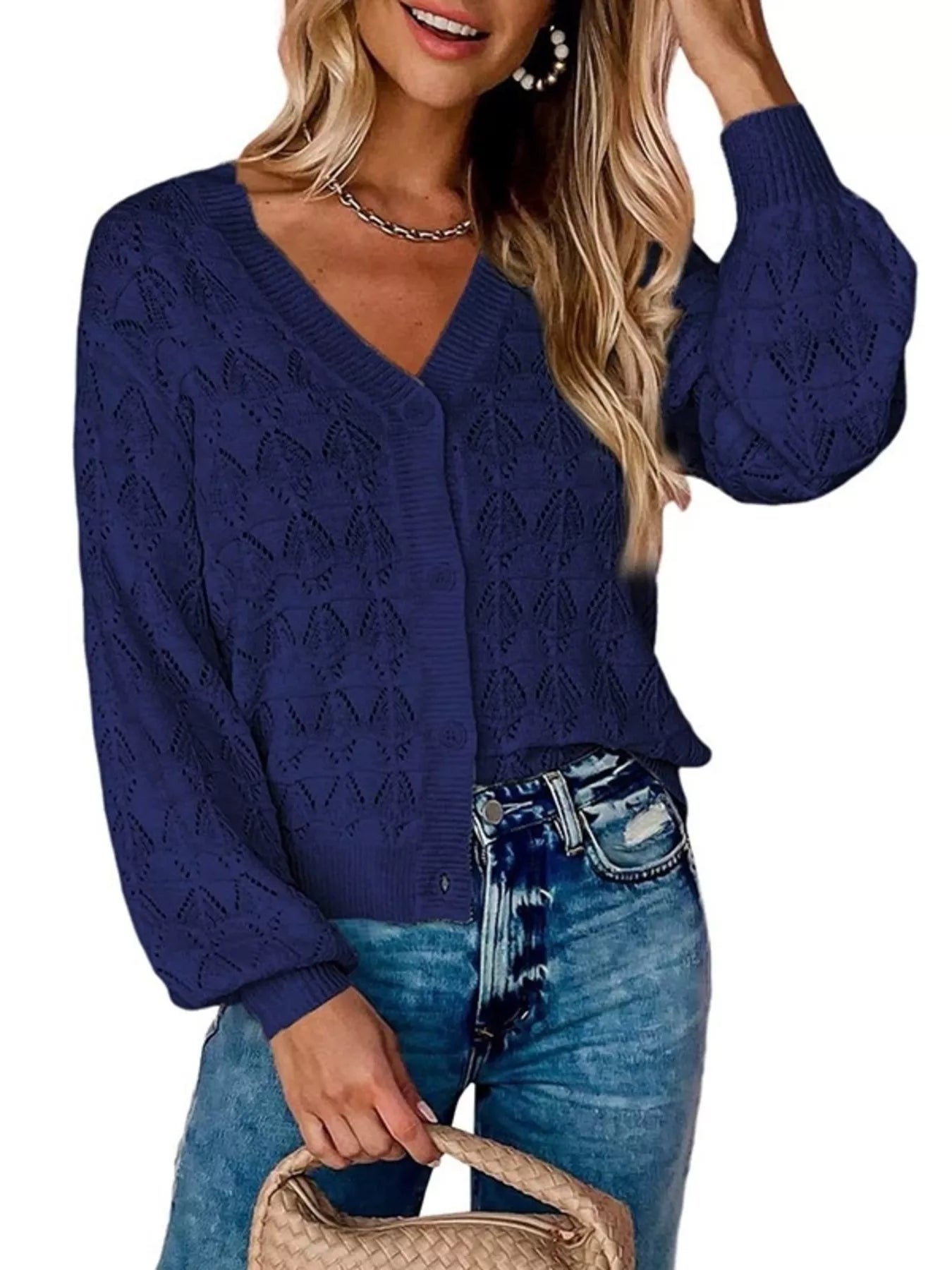 Chic V-Neck Openwork Button-Down Knit Cardigan