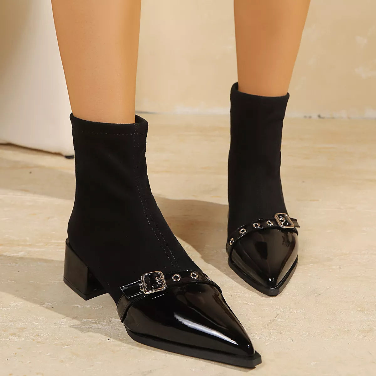 Chic Pointed Toe Sock Boots with Buckle Detail