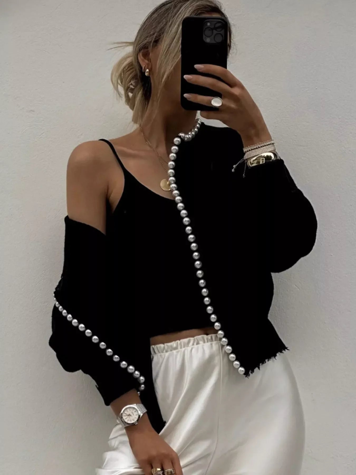 Pearl Trimmed Open Front Cardigan