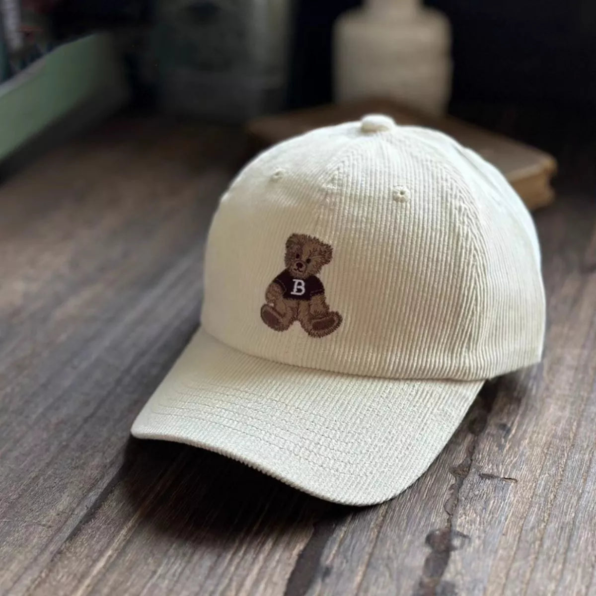 Corduroy Baseball Cap with Embroidered Bear