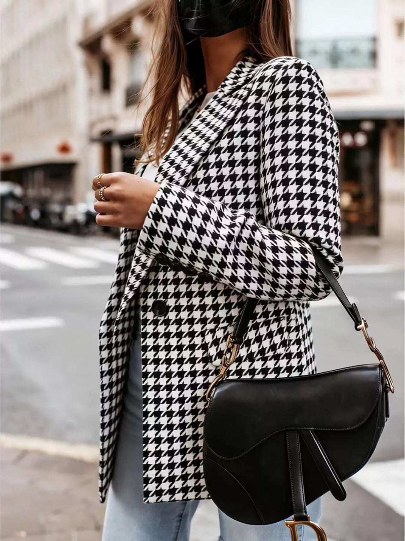 Classic Houndstooth Double-Breasted Blazer