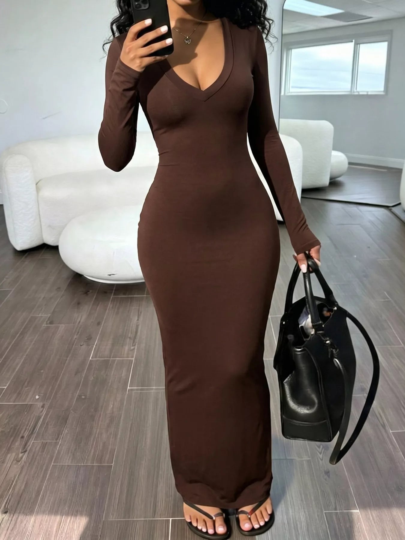 Long Sleeve V-Neck Ruched Maxi Dress