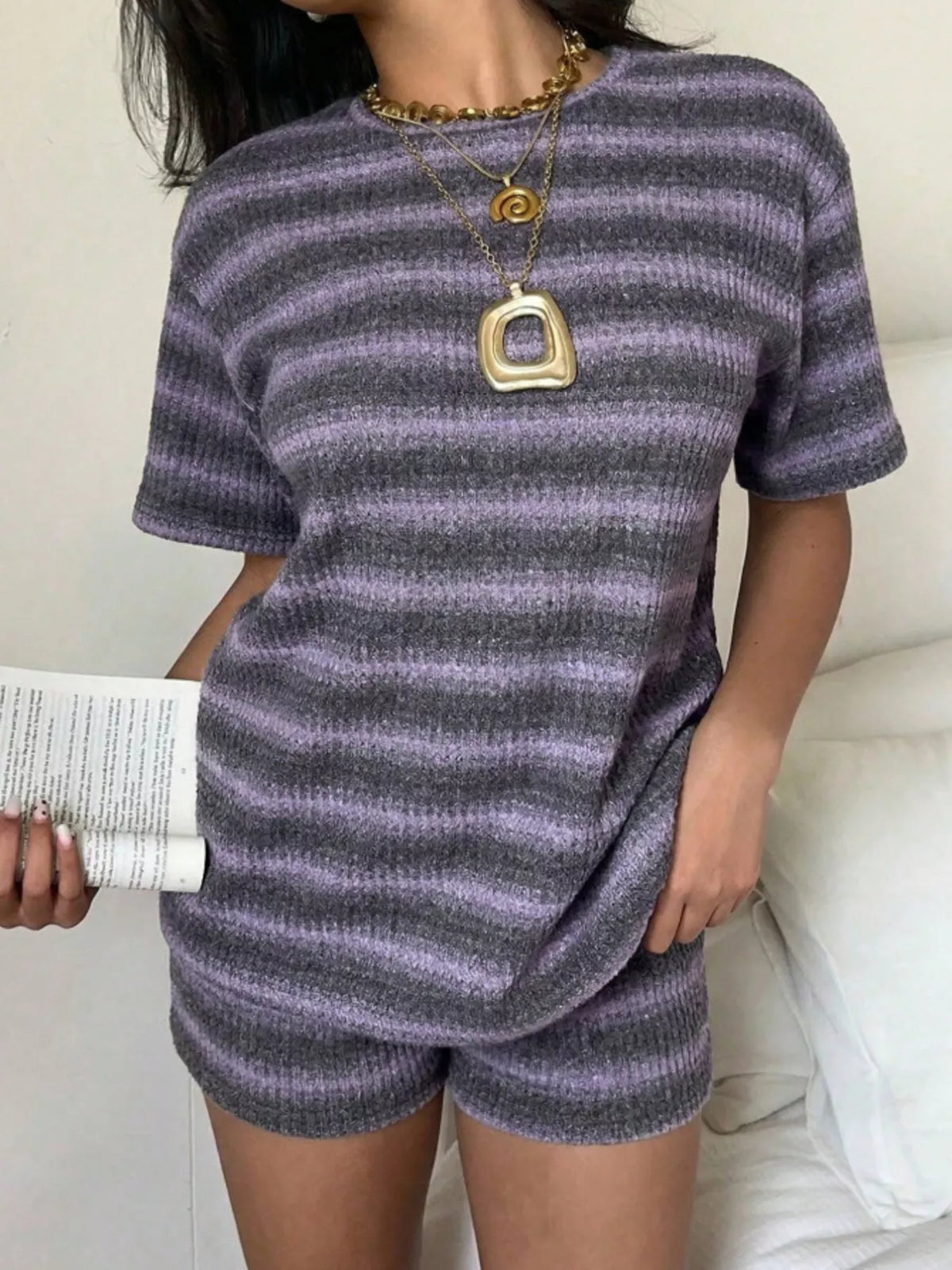 Striped Textured Knit Top and Shorts Set