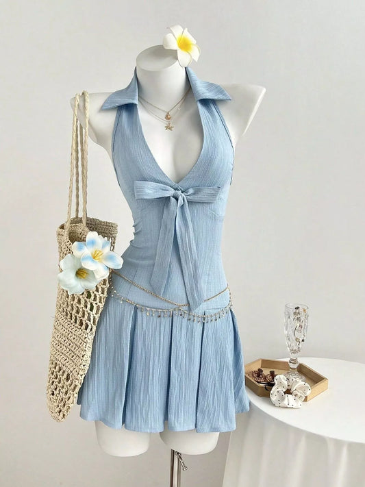 Halter Neck Bow Tie Pleated Mini Dress
