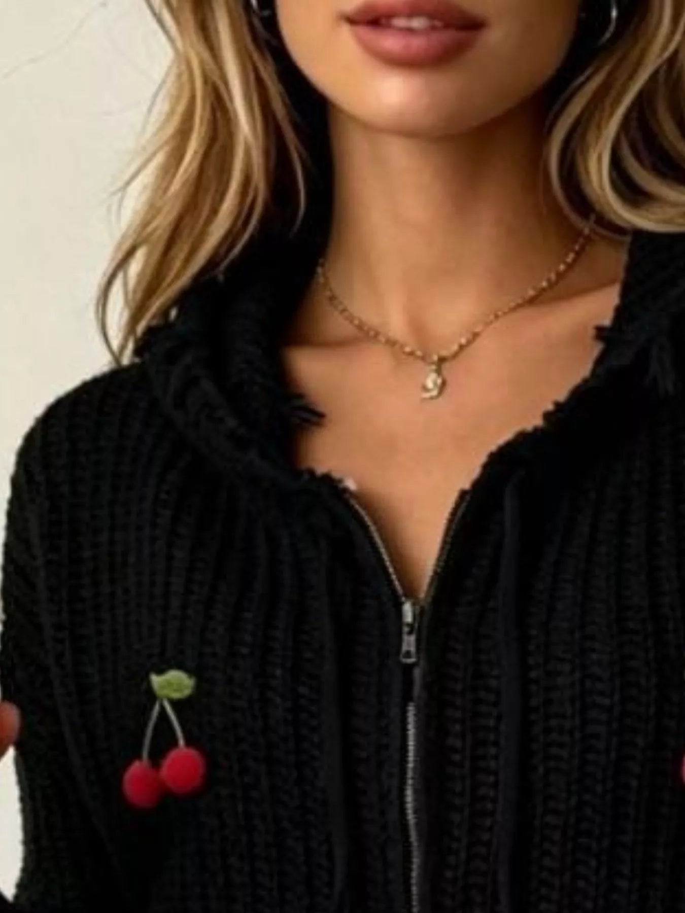 Cherry Knit Zip-Up Hooded Sweater