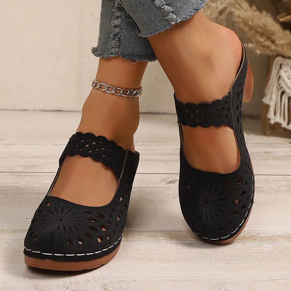 Hollow-Out Block Heels Sandals