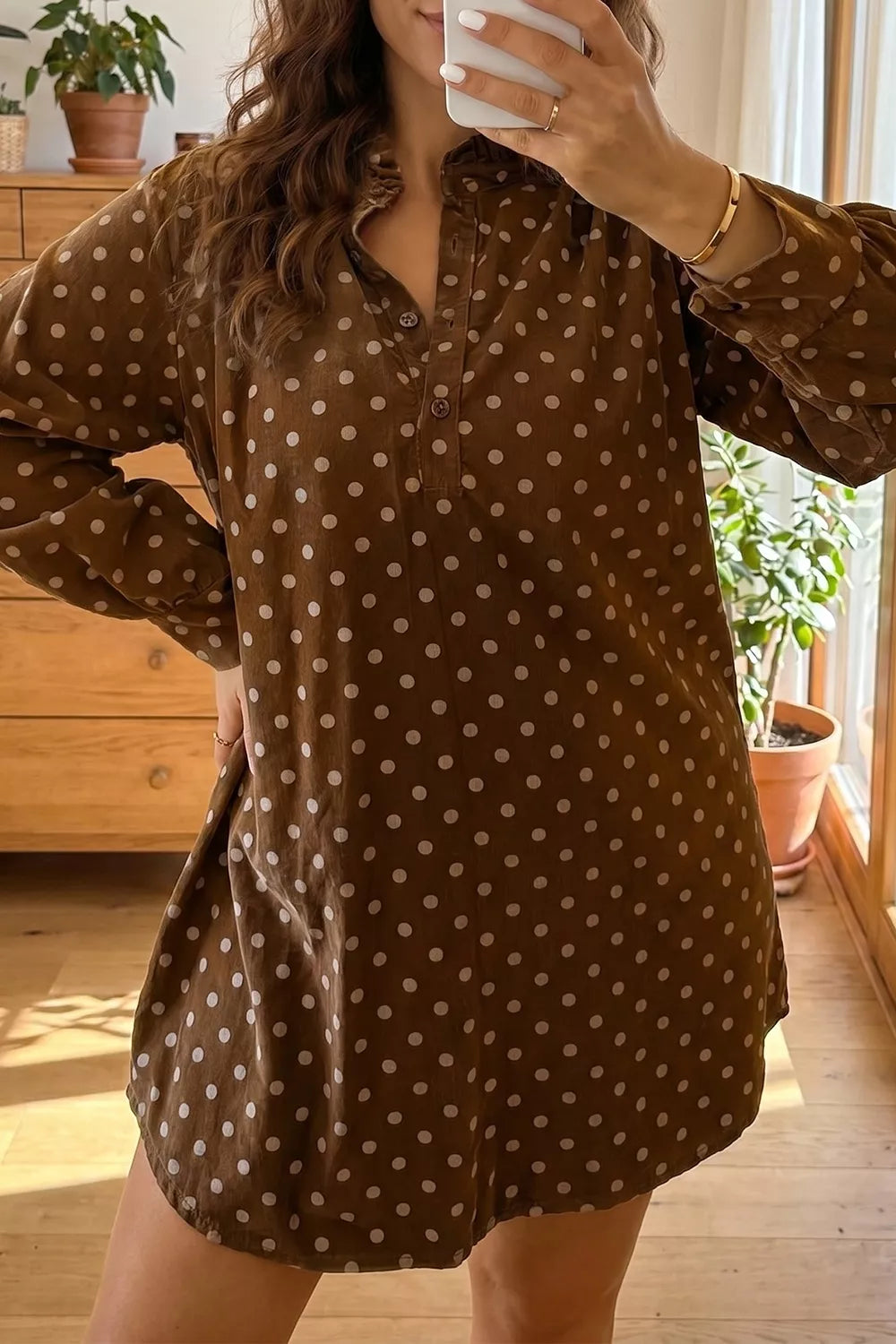 Polka Dot V Neck Long Sleeve Button Shift Dress