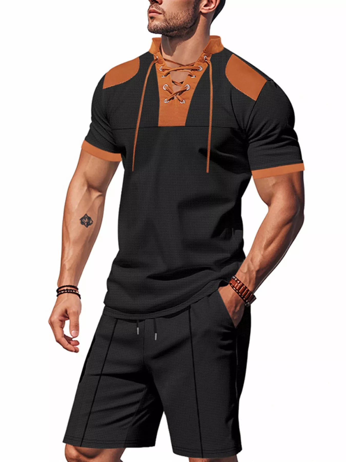 Men's Full Size Lace-Up Collar Casual Top and Shorts Set Plus Size