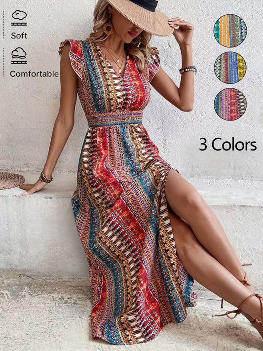 Boho Print Ruffle Sleeve Slit Dress