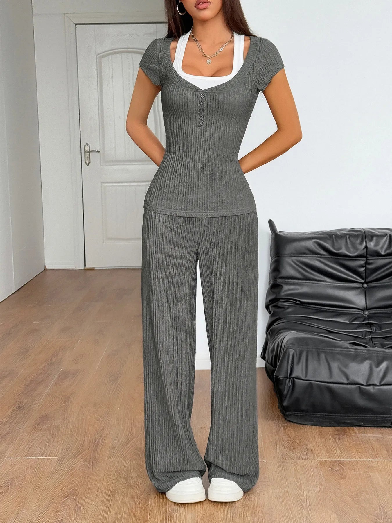 Textured Short Sleeve Top and Pants Set