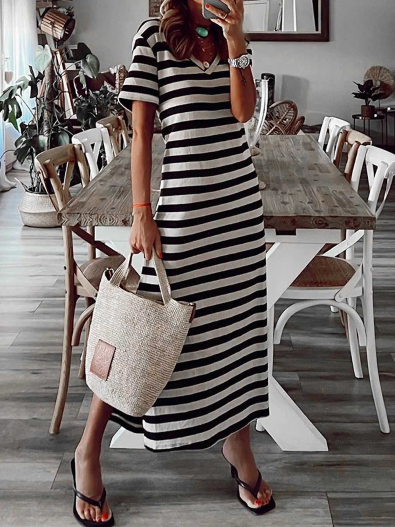 Full Size Striped V-Neck Midi Dress with Side Slit Plus Size