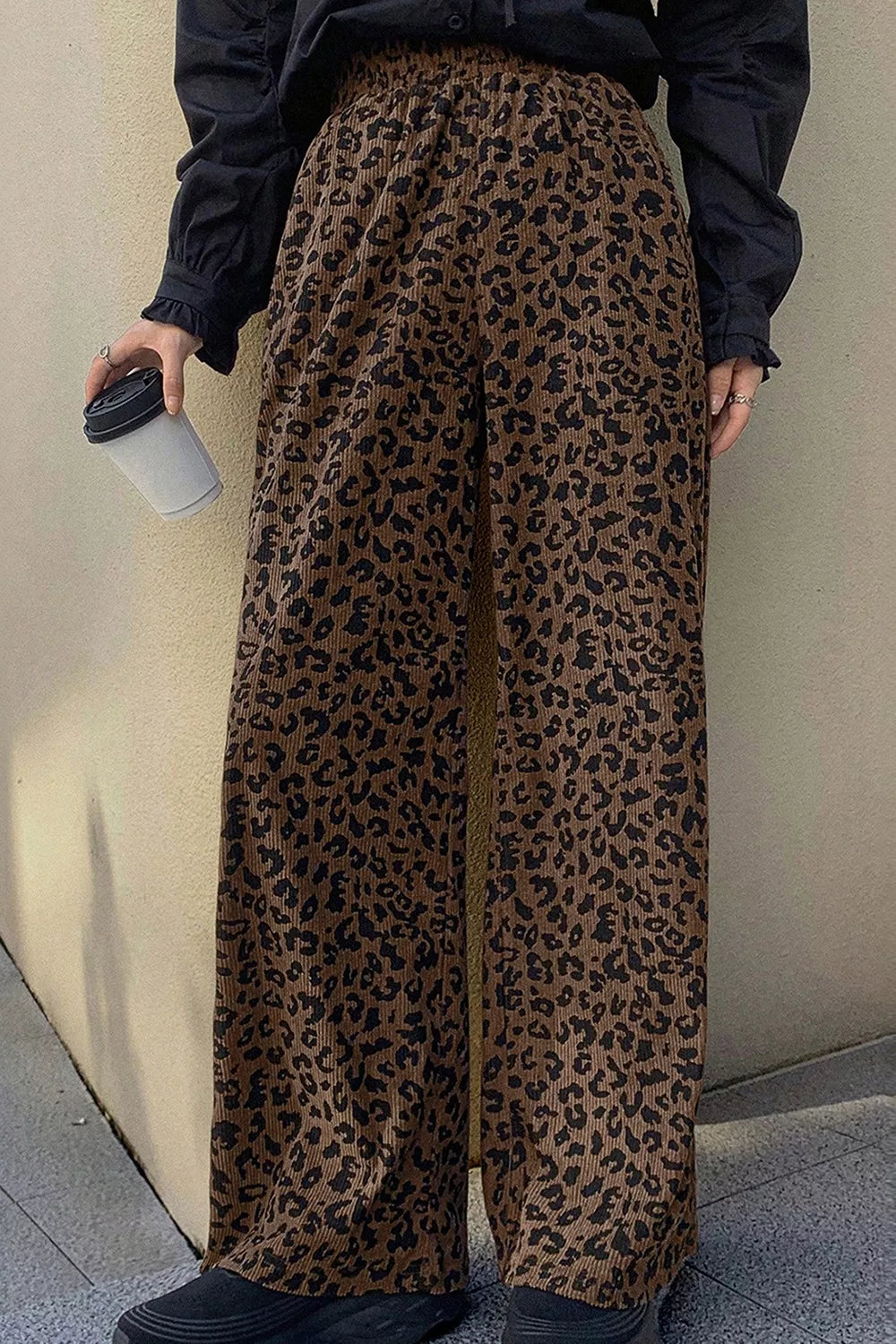 Leopard Print Elastic High Waist Loose Corduroy Pants
