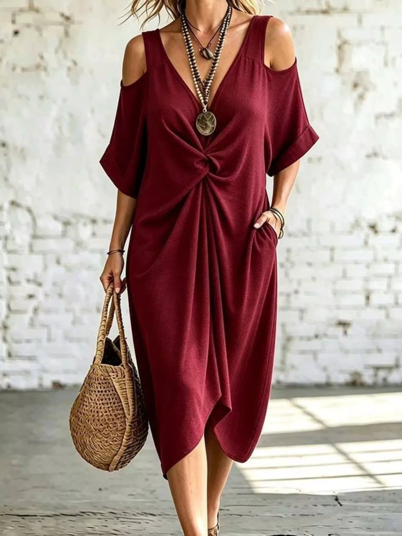 Full Size Cold Shoulder Twist Front Midi Dress Plus Size