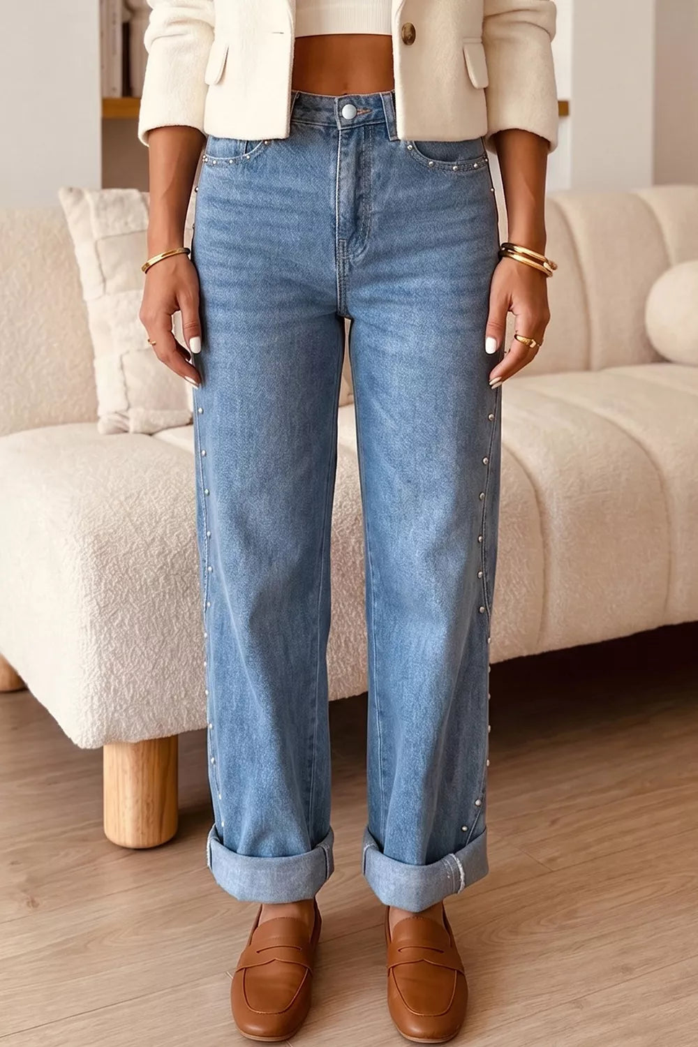 Side Seam Rivet Detail Ankle Length Casual Jeans