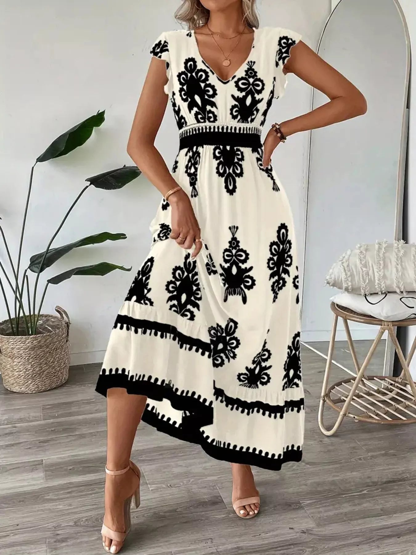 Ruffled Printed V-Neck Maxi Dress