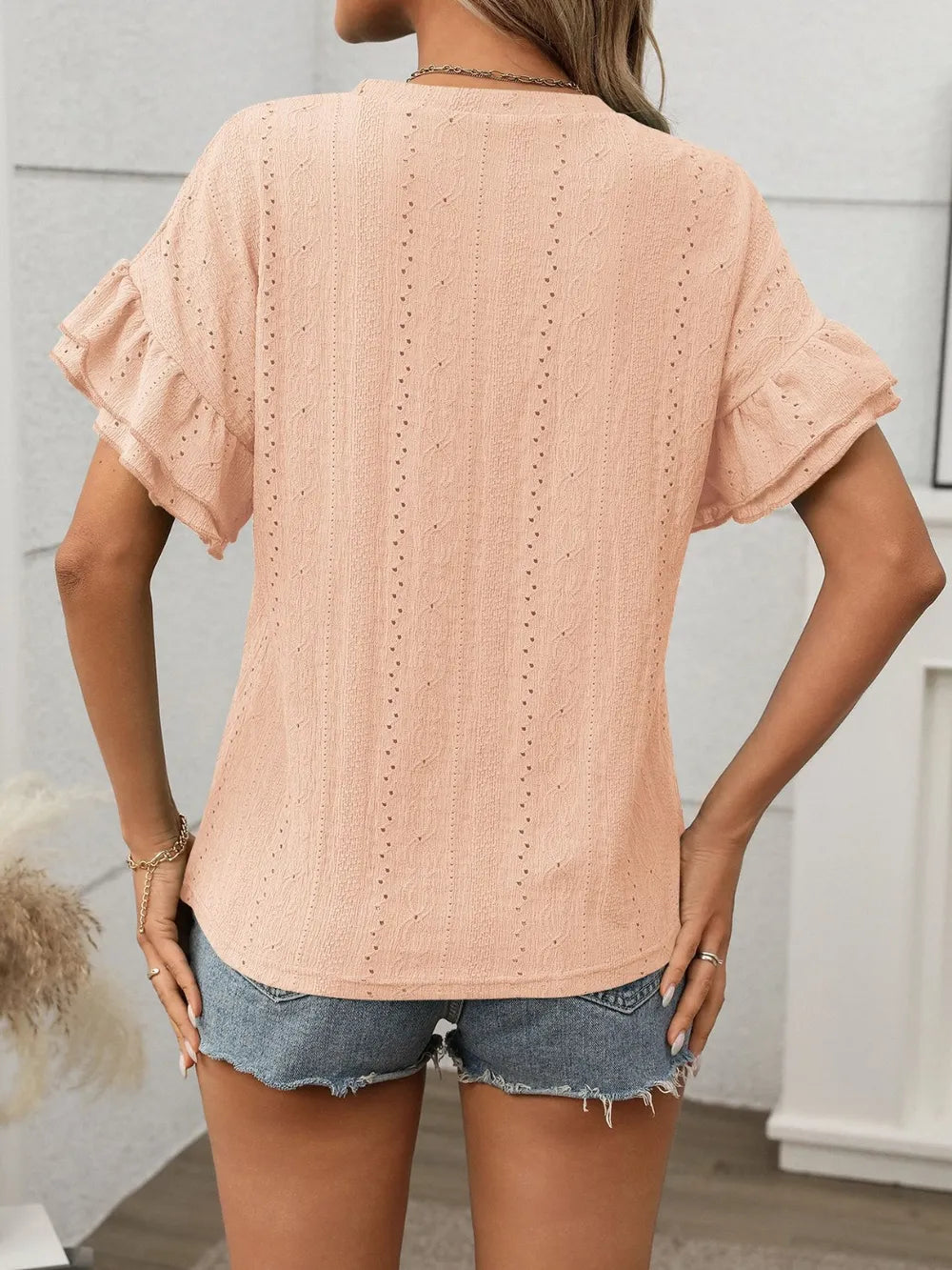 Eyelet Round Neck Flounce Sleeve Top