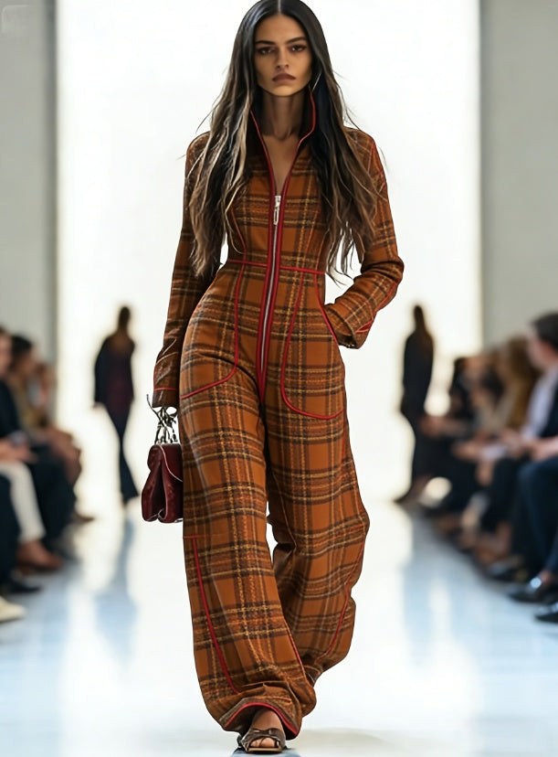 Zippered Long-sleeved Casual Wide-leg Jumpsuit