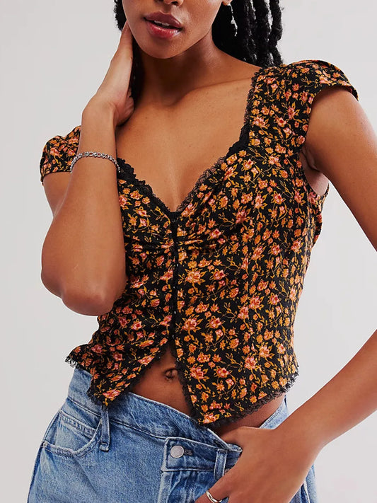 Floral Print Cap Sleeve Cropped Top