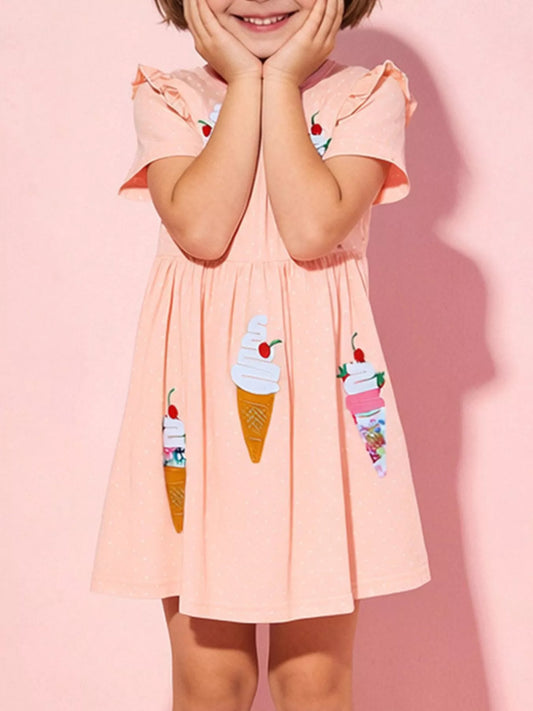 Children's Ice Cream Applique Round Neck Dress