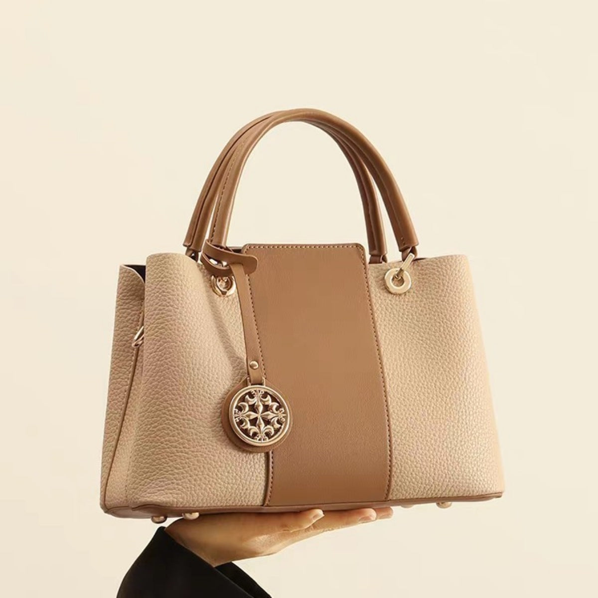 Two-Tone Leather Top Handle Handbag