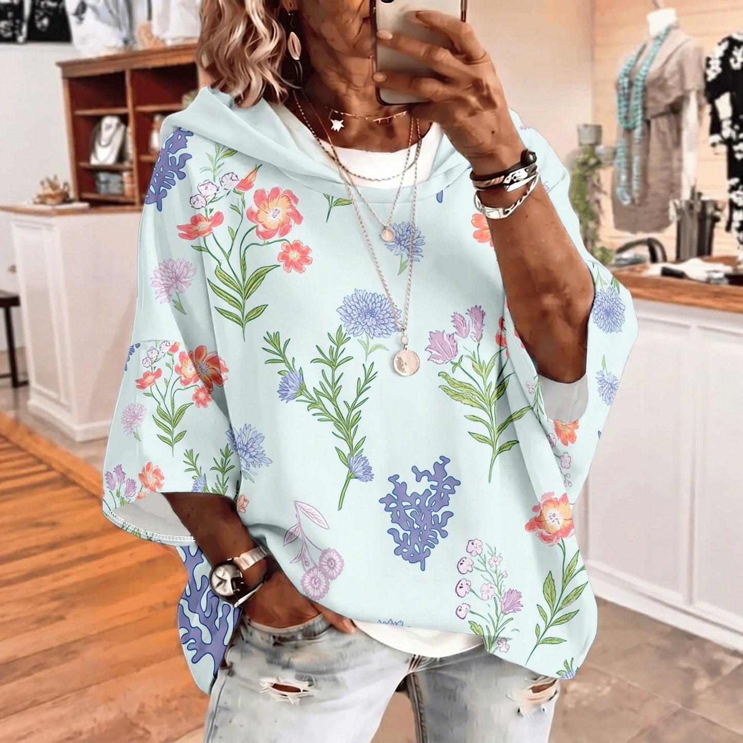 Women's Graphic Print Drawstring Hoodie – Three-Quarter Sleeves