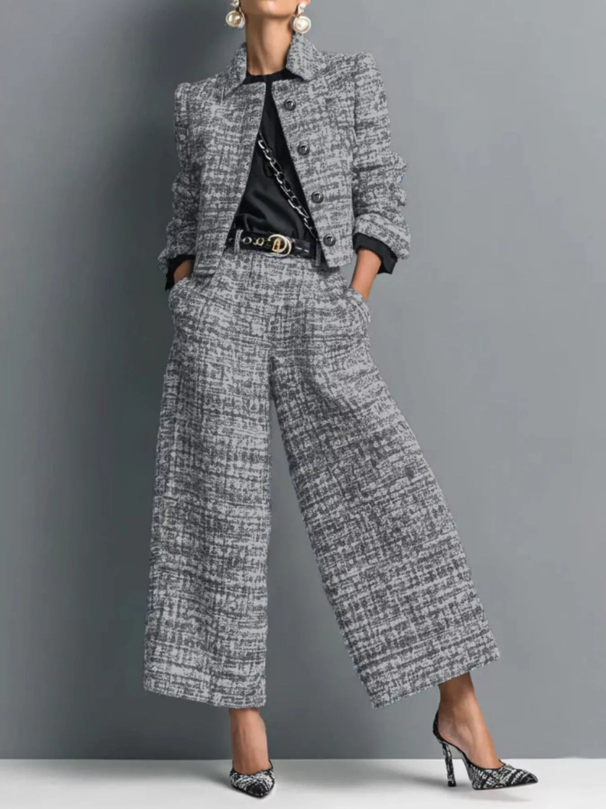 Full Size Tweed Cropped Jacket and Wide-Leg Pants Two-Piece Set Plus Size
