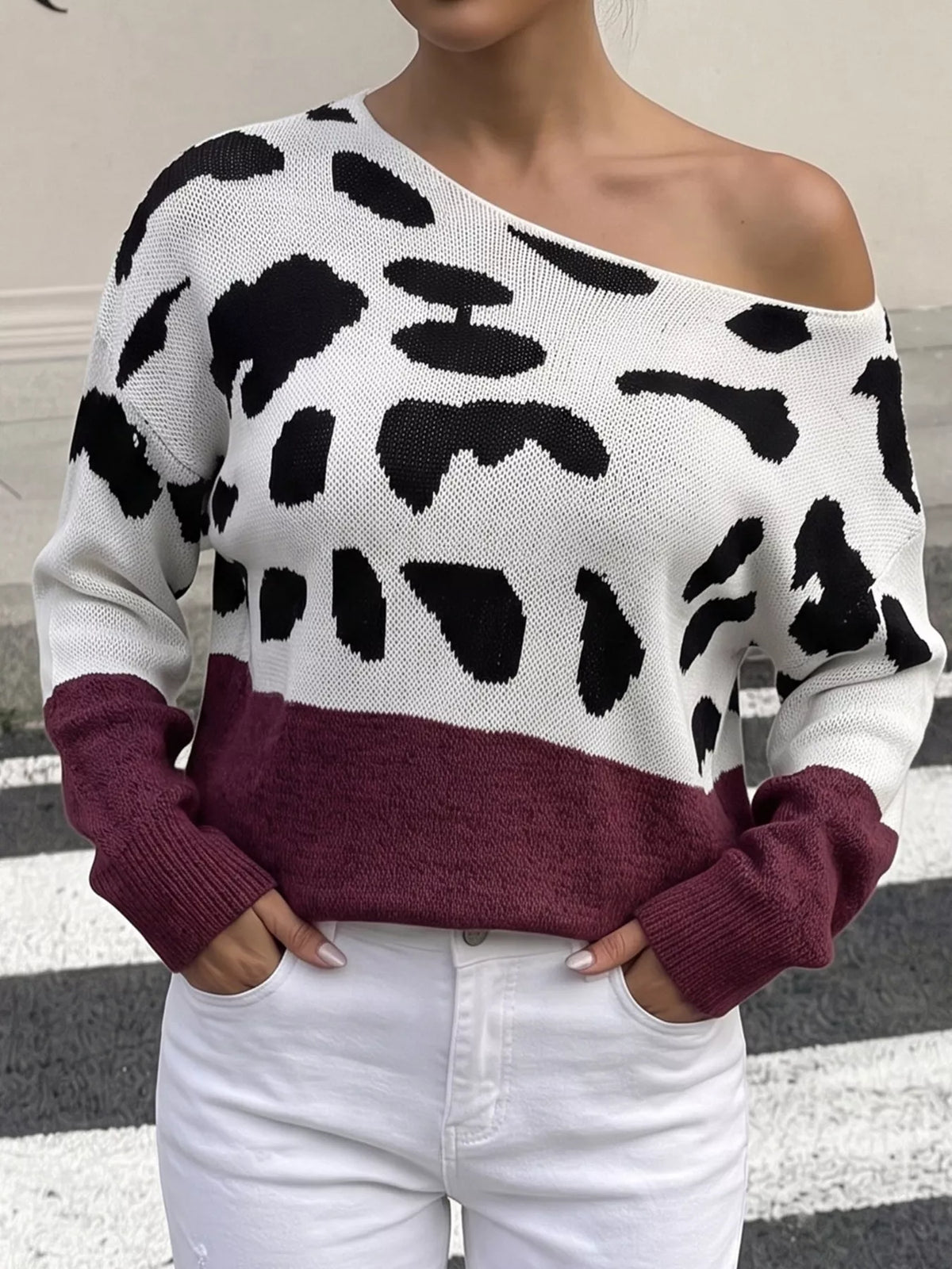 Full Size Off-Shoulder Colorblock Animal Print Sweater Plus Size