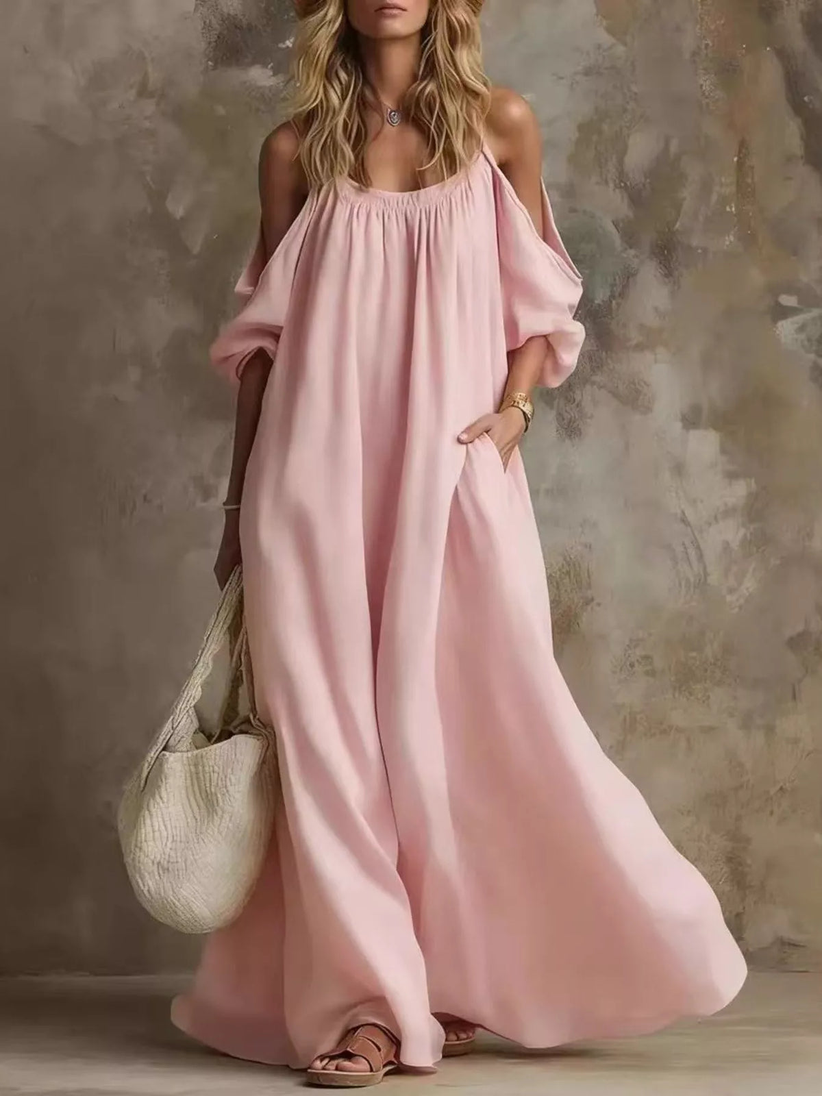 Full Size Cold-Shoulder Linen Maxi Dress Plus Size