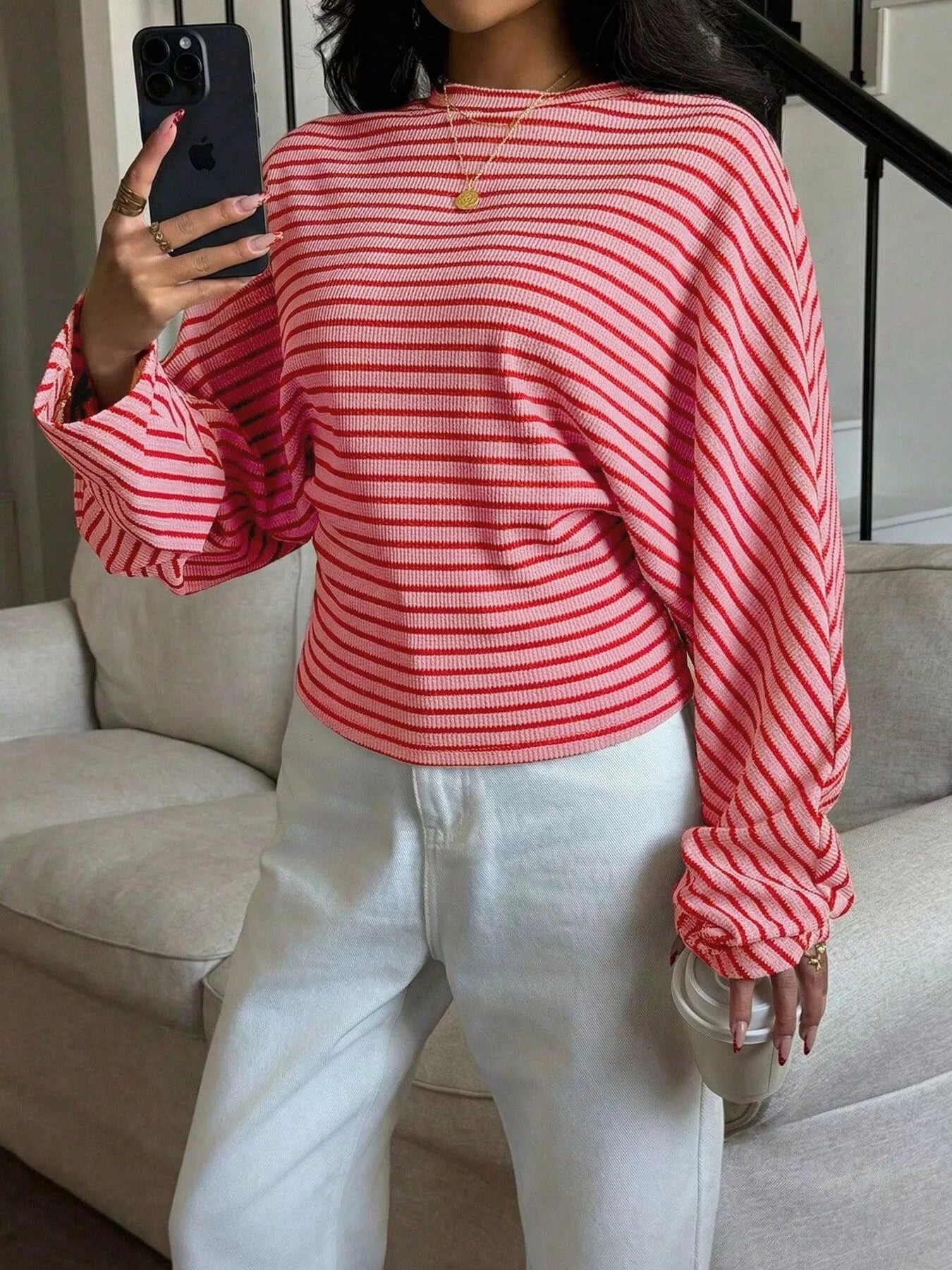 Casual Striped Batwing Sleeve T-Shirt