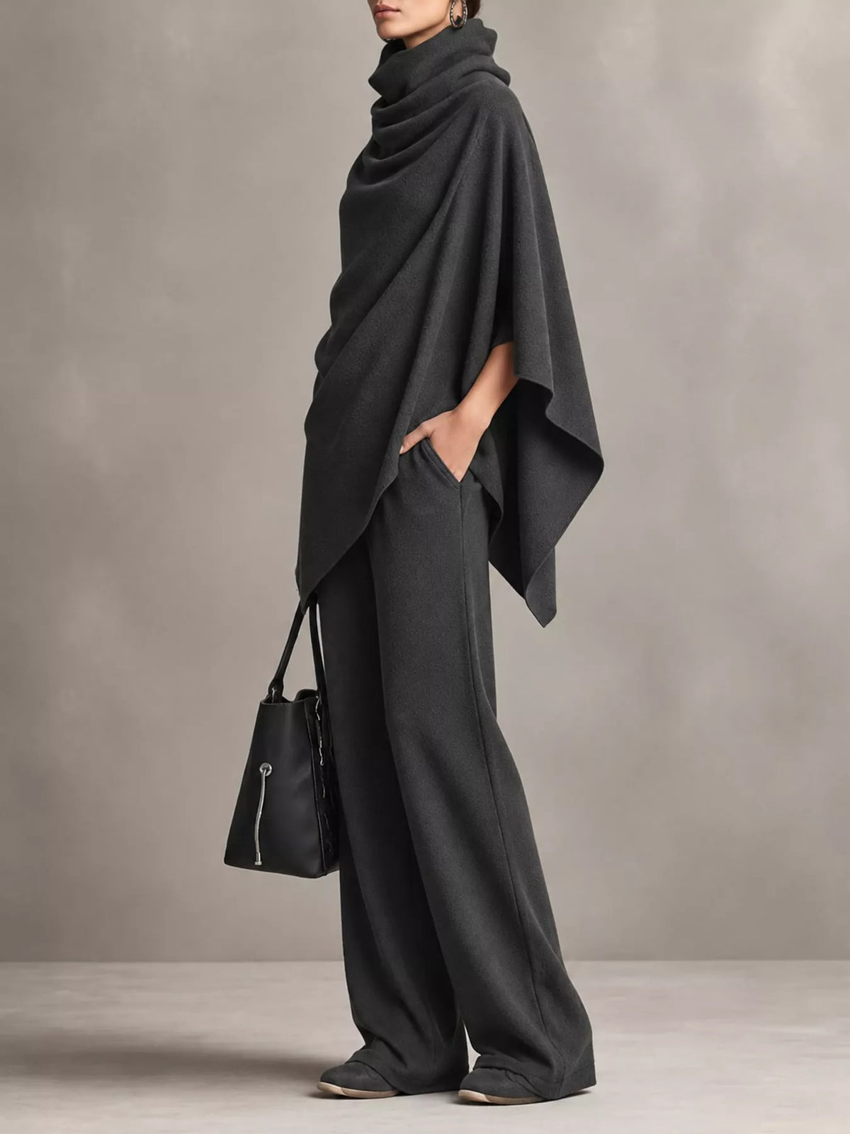 Full Size Turtleneck Poncho and Wide-Leg Pants Set Plus Size