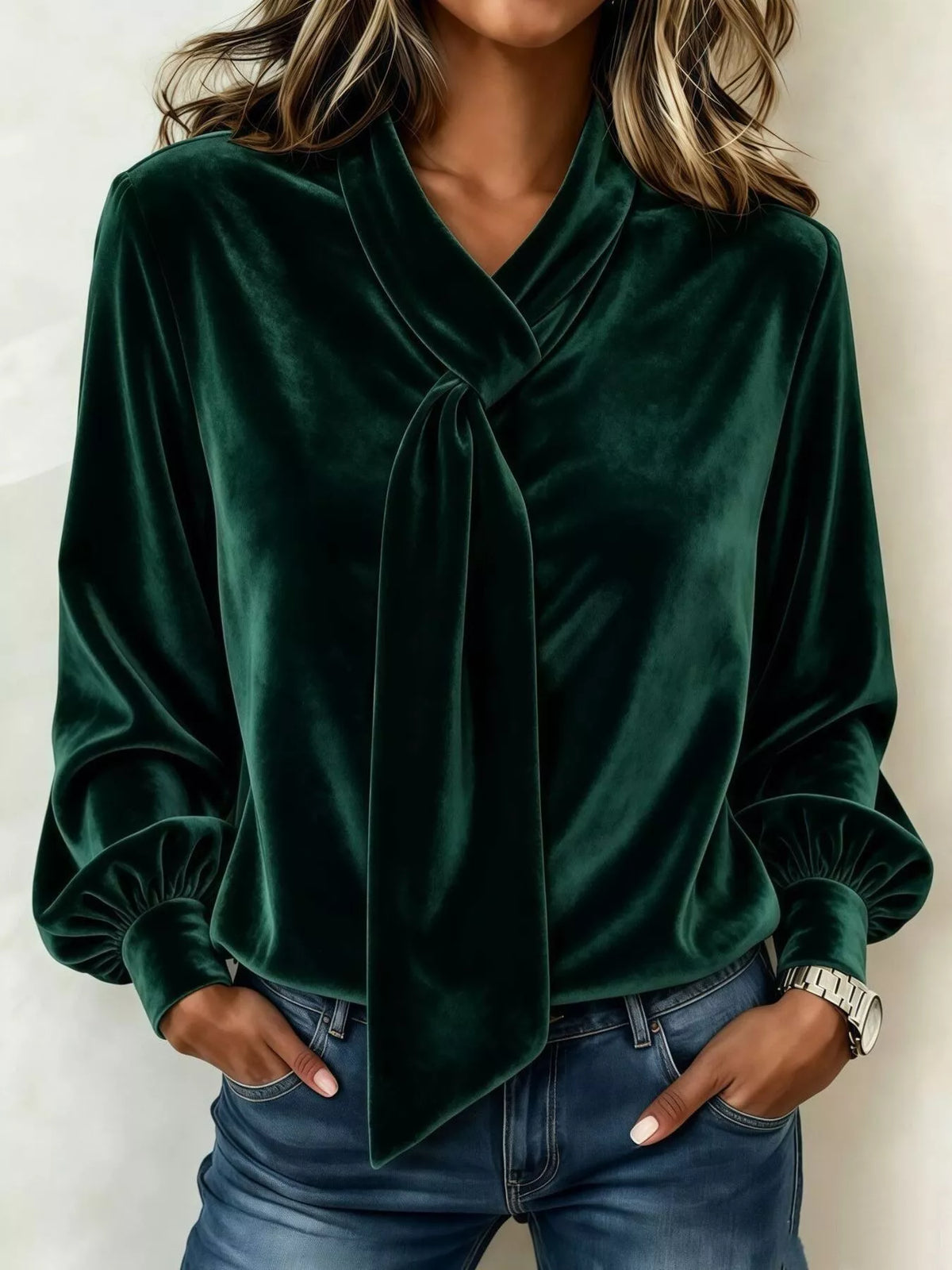 Full Size Velvet Tie-Neck Long Sleeve Top Plus Size