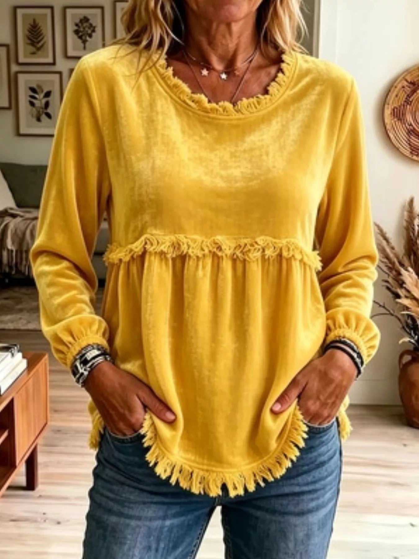 Fringed Hem Long Sleeve T-Shirt