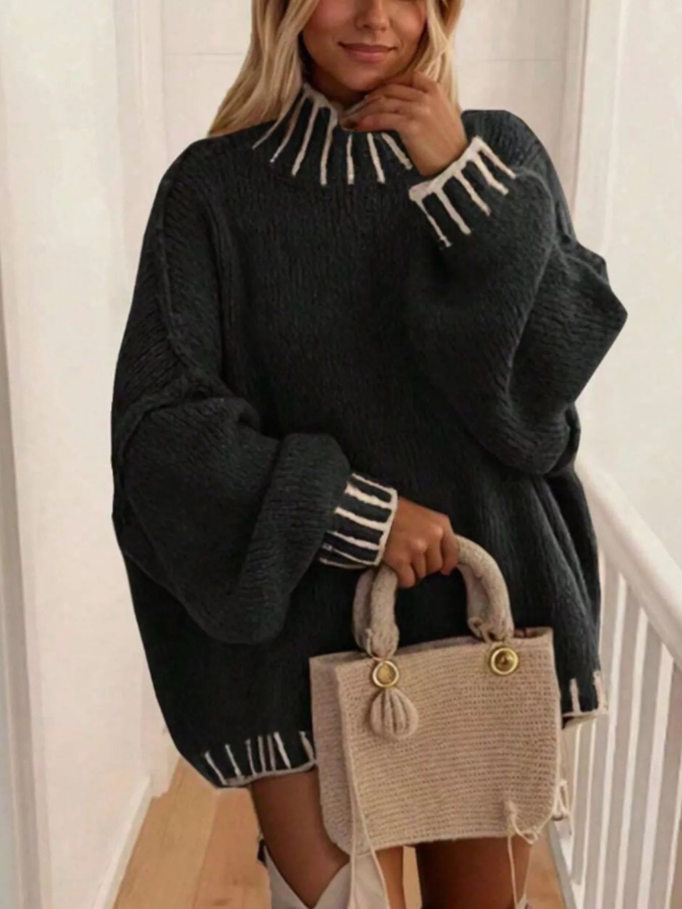 Contrast Trim Chunky Knit Sweater