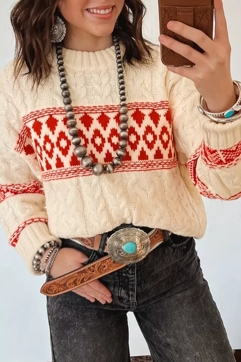 Western Print Round Neck Long Sleeve Shift Sweater