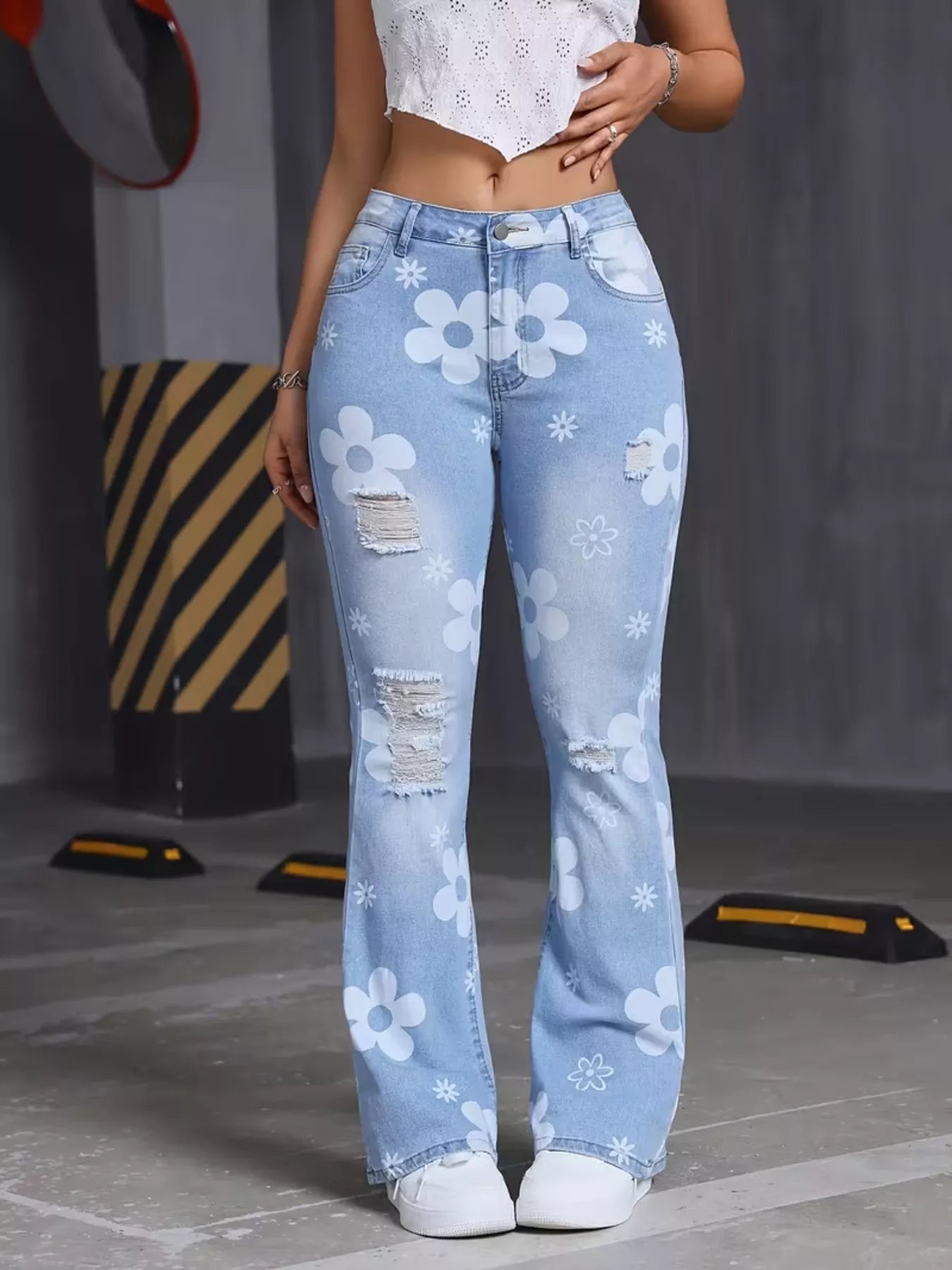 High-Waisted Floral Print Distressed Flare Jeans