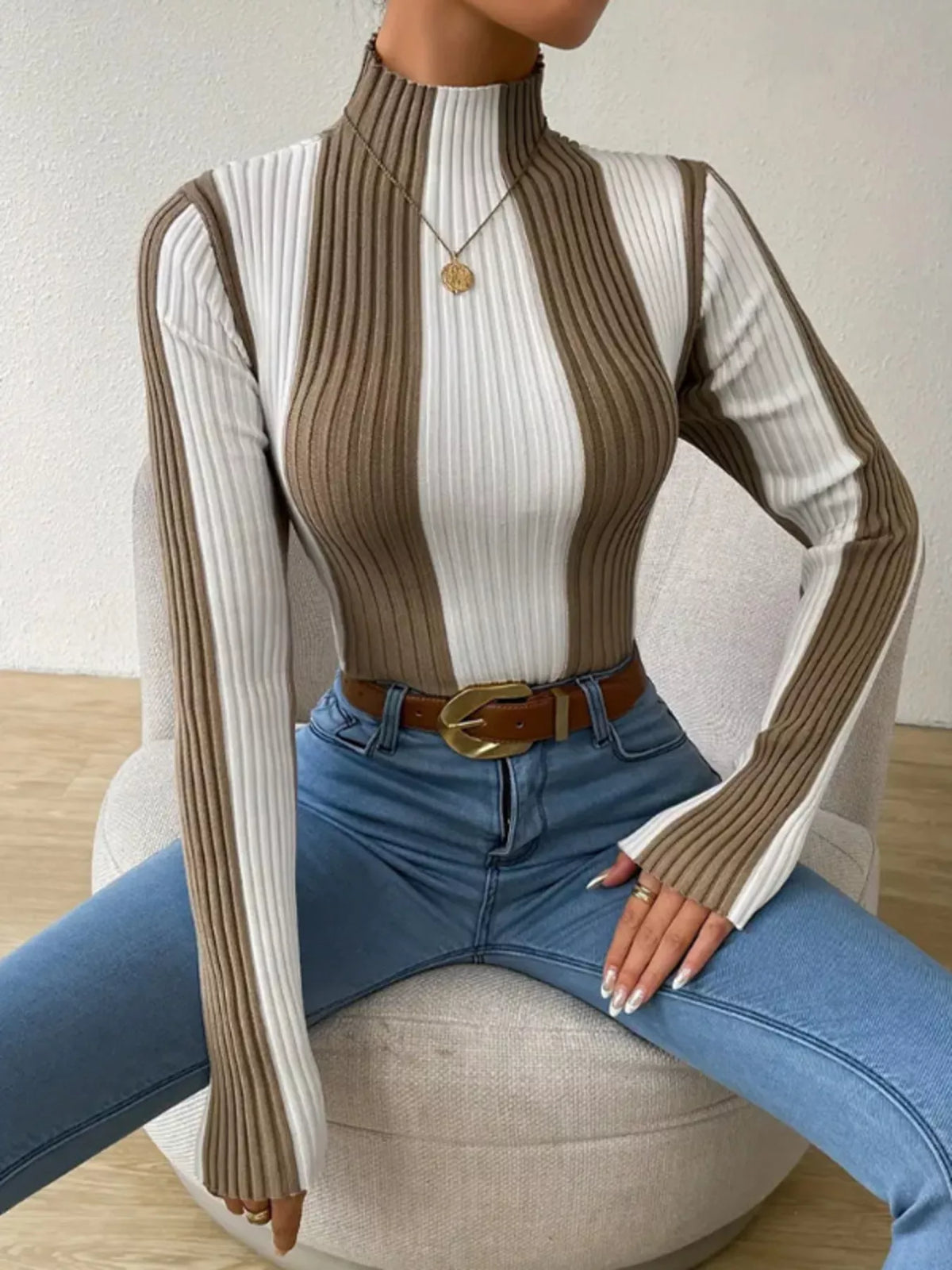 Color Block Turtleneck Ribbed Knit Top