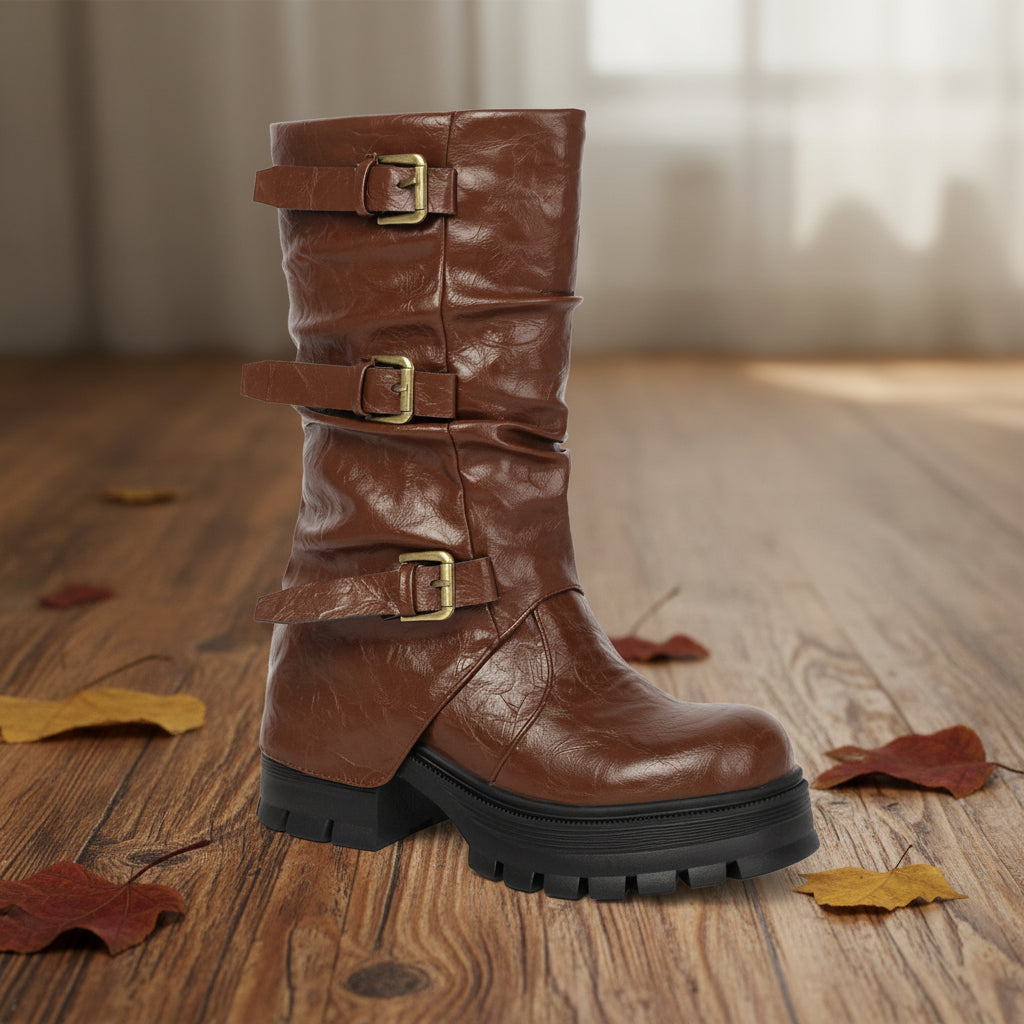 Women's Triple Buckle Moto Boots – Distressed PU Chunky Platform Block Heel