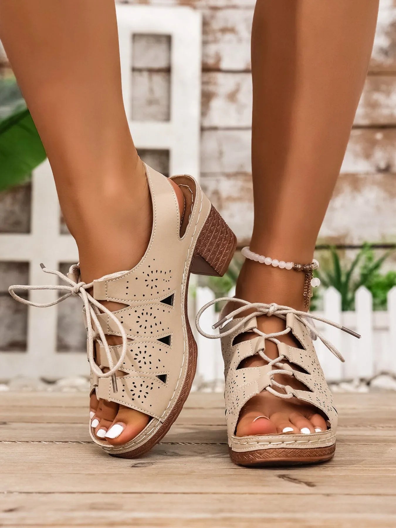 Lace-Up Chunky Heel Eyelet Sandals