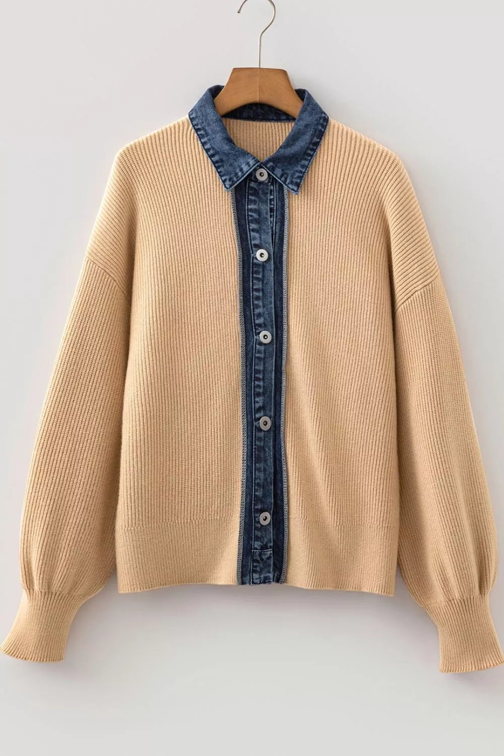 Drop Shoulder Placket Paneling Shirt Collar Long Sleeve Cardigan