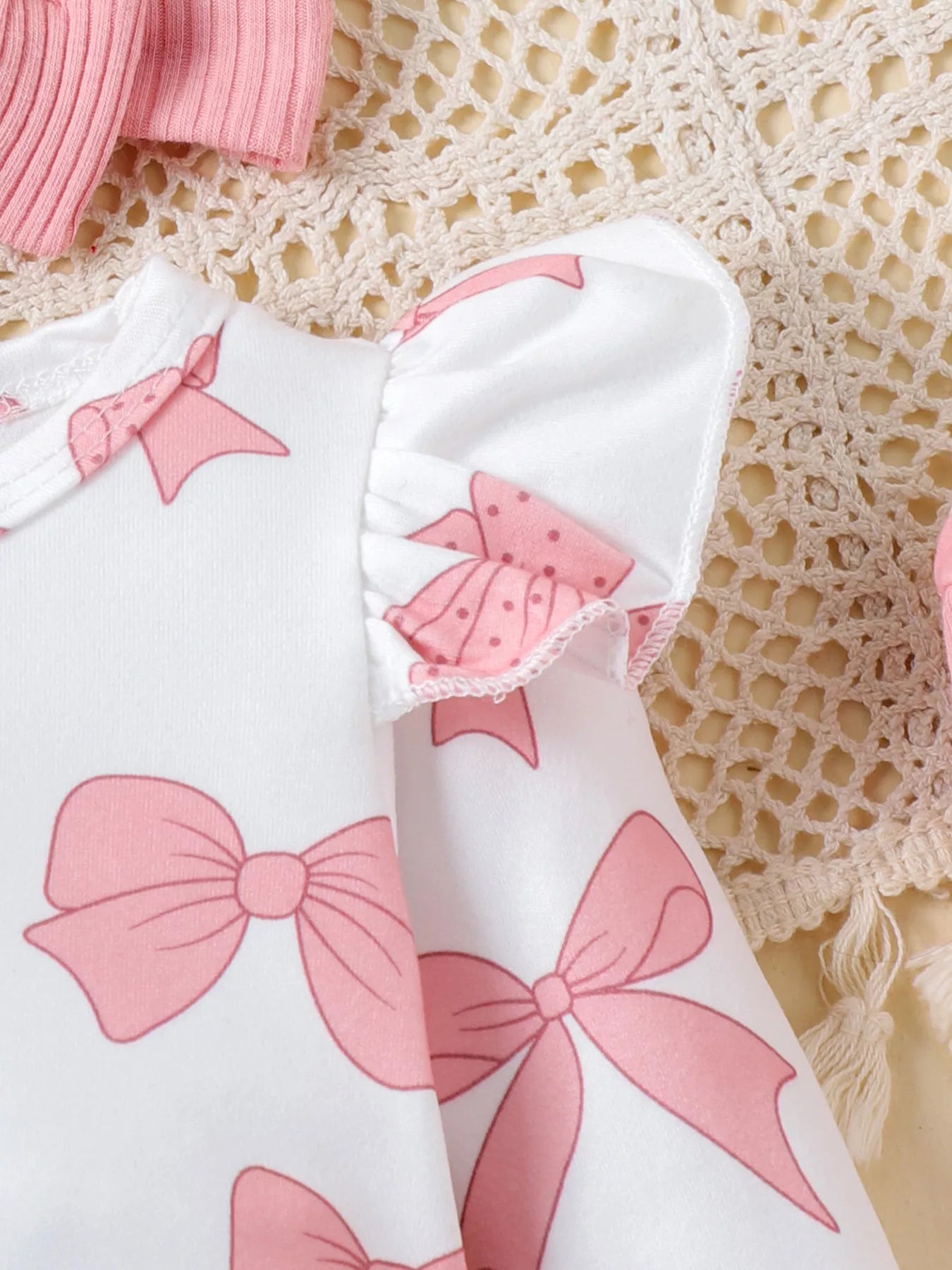 Children's Bow Print Bodysuit and Pants Set with Headband