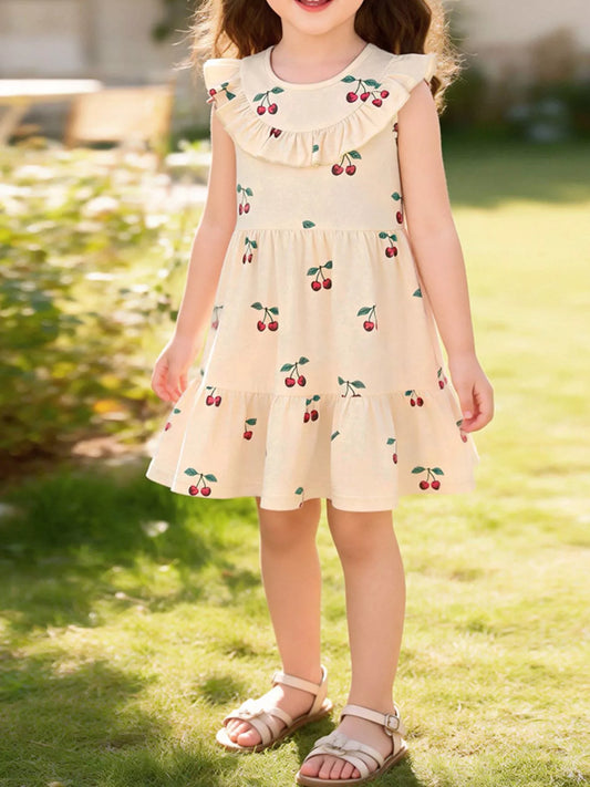 Children's Cherry Print Ruffle Neck Dress