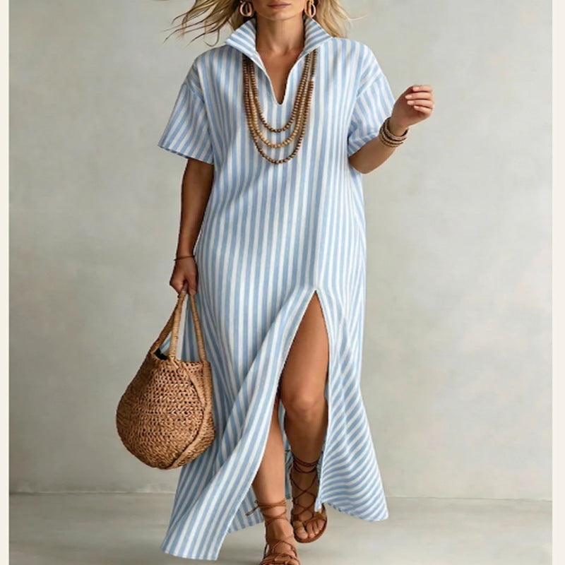 Women's Striped Slit Cotton-Linen Maxi Dress – V-Neck Short Sleeve