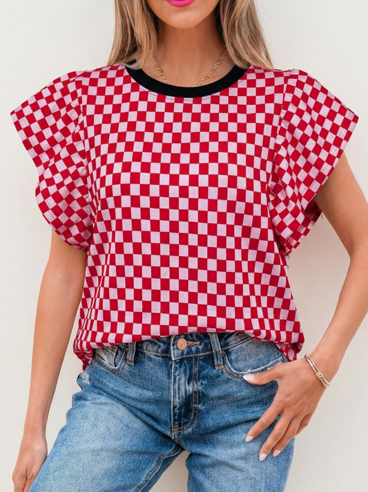 Checkered Print Ruffle Cap Sleeve Contrast Trim Round Neck Top