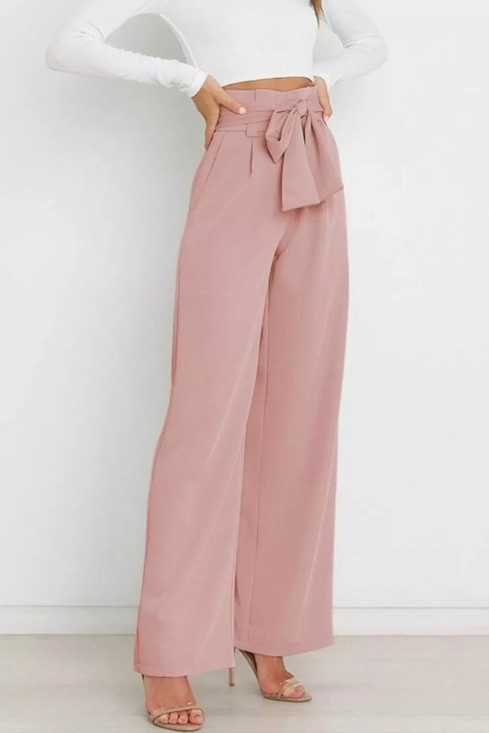 High Waist Tie Front Wide Leg Pants